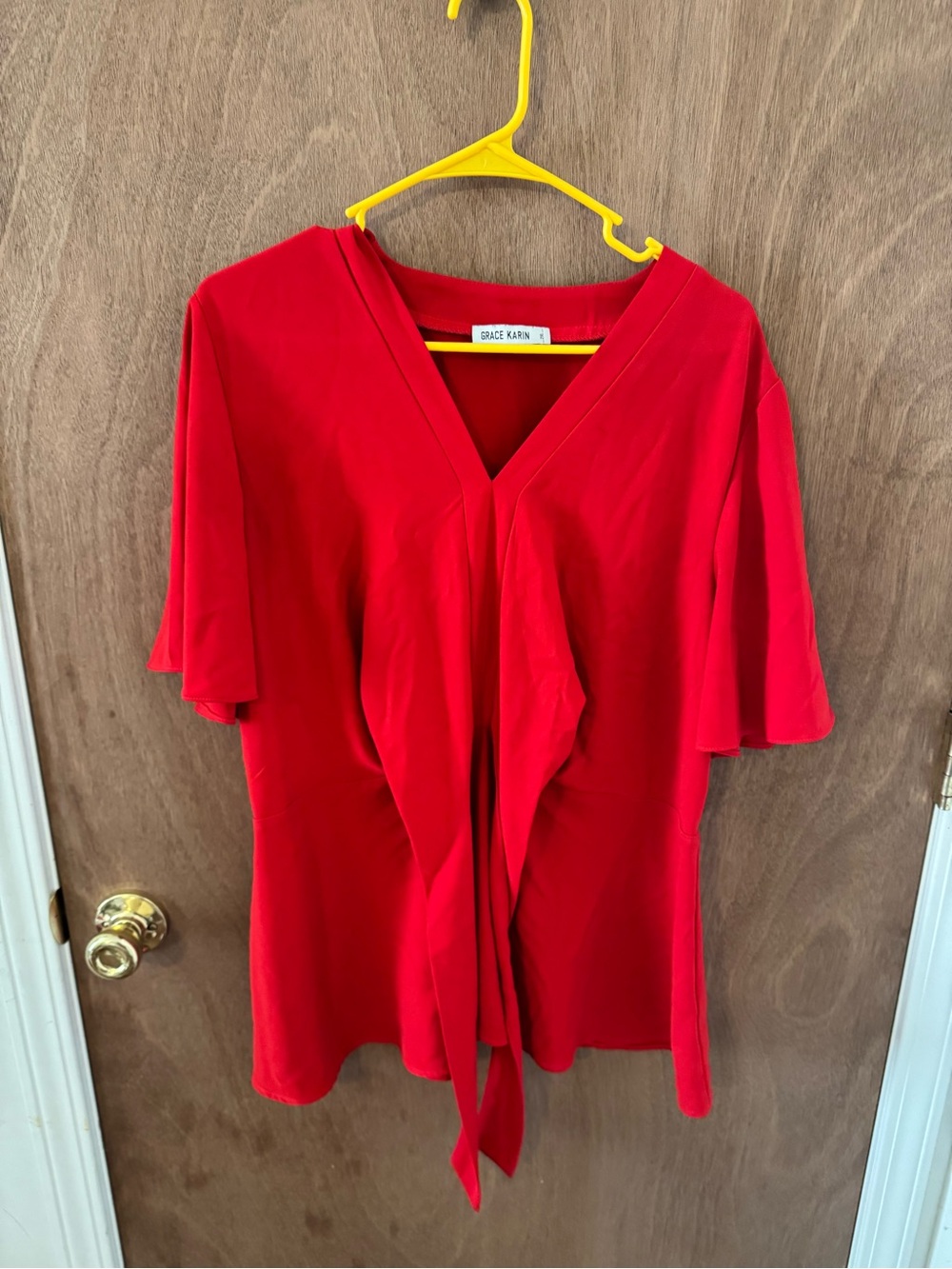 Grace Karin Bright Red V-Neck Front Tie Blouse
